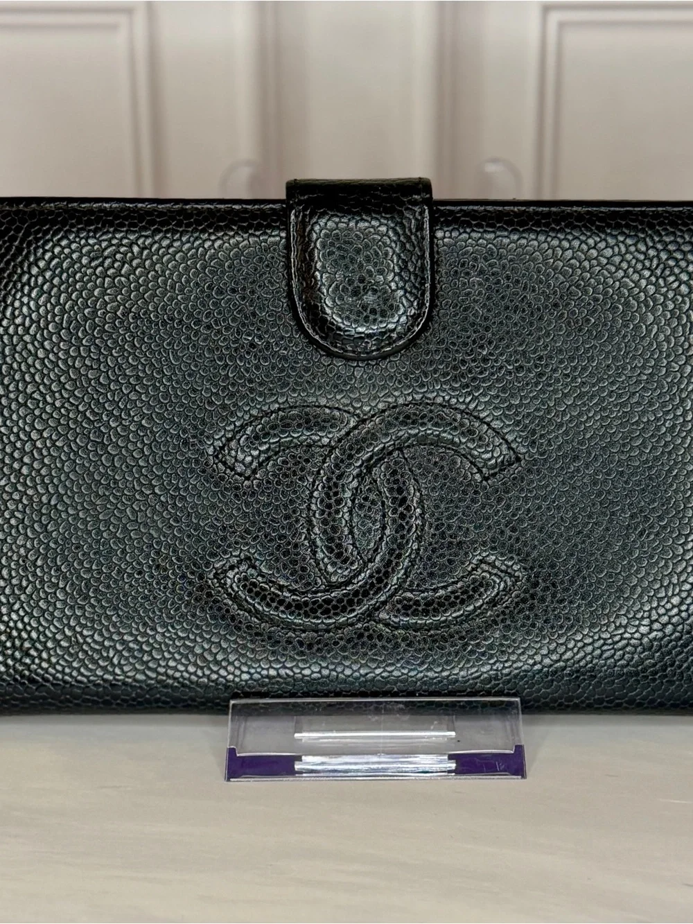 CHANEL Cambon Ligne Black Caviar Leather Long Snap Bifold Wallet Full Inclusion